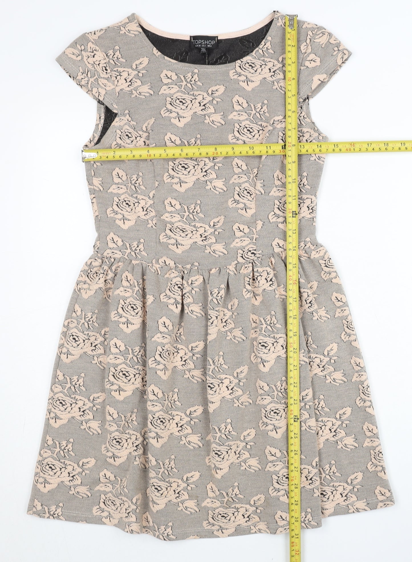Topshop Women’s Grey Floral Skater Dress UK 6 Short Sleeve
