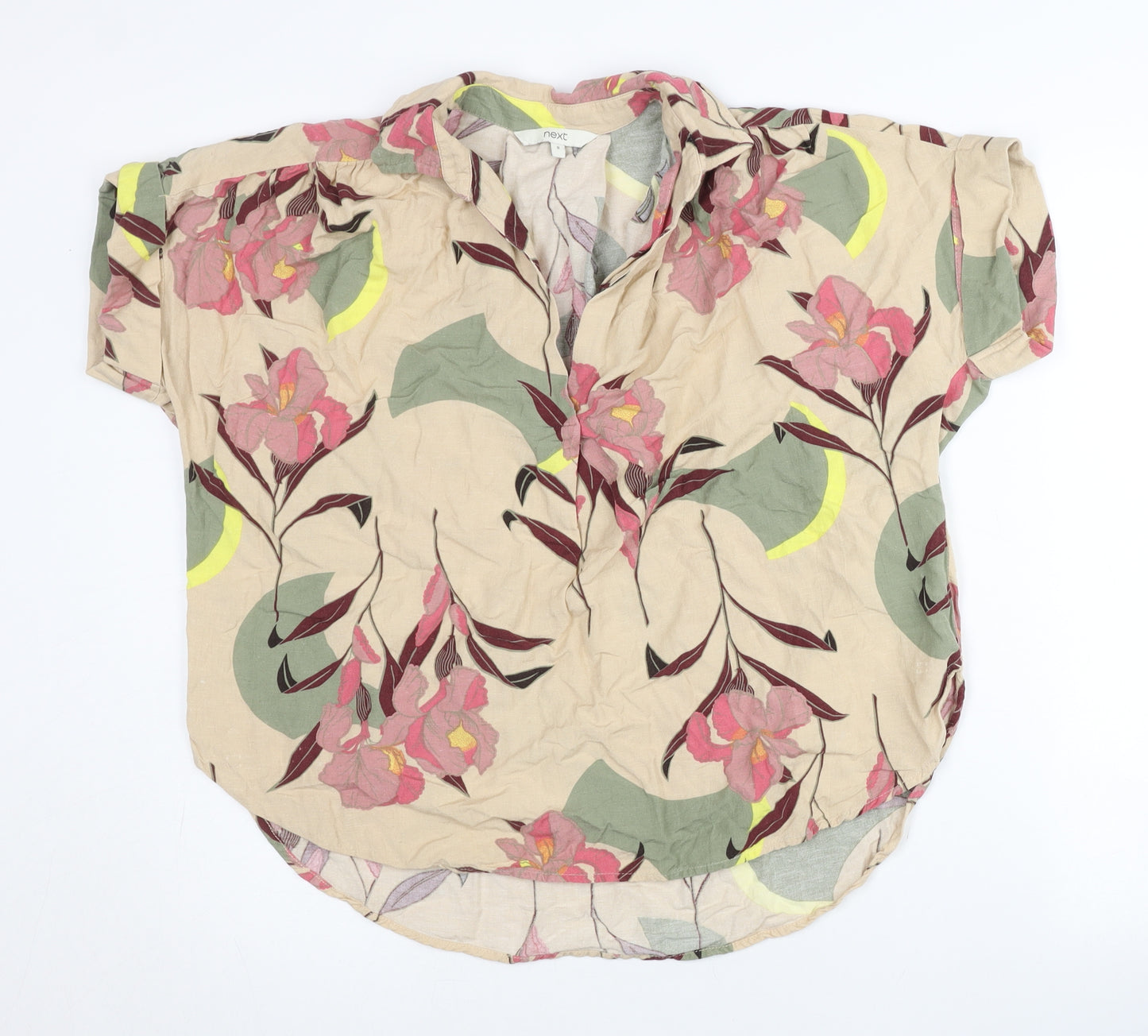 Next Womens Beige Floral Short Sleeve Tunic Blouse UK 8 Viscose Blend