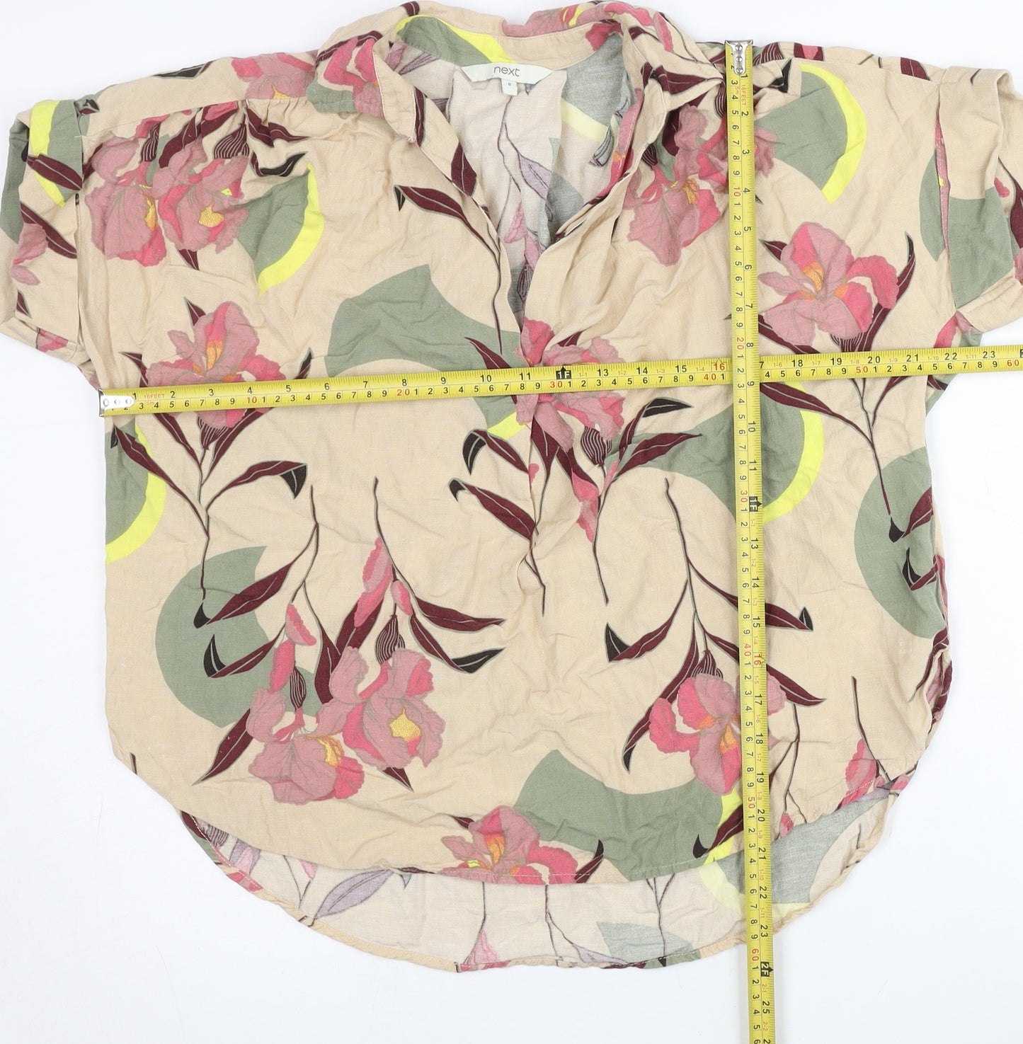 Next Womens Beige Floral Short Sleeve Tunic Blouse UK 8 Viscose Blend