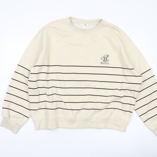 H&M Women’s Beige Striped Sweatshirt Size 14 Relaxed Fit Crew Neck