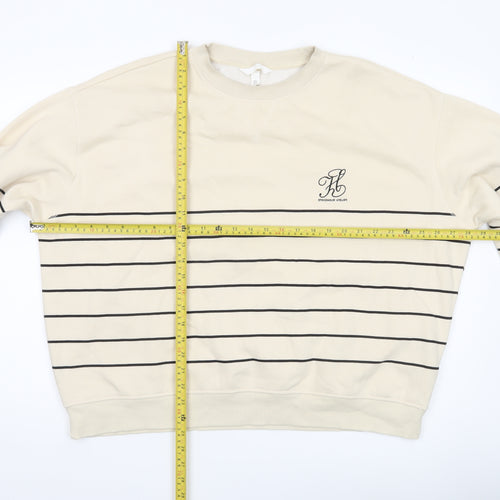 H&M Women’s Beige Striped Sweatshirt Size 14 Relaxed Fit Crew Neck