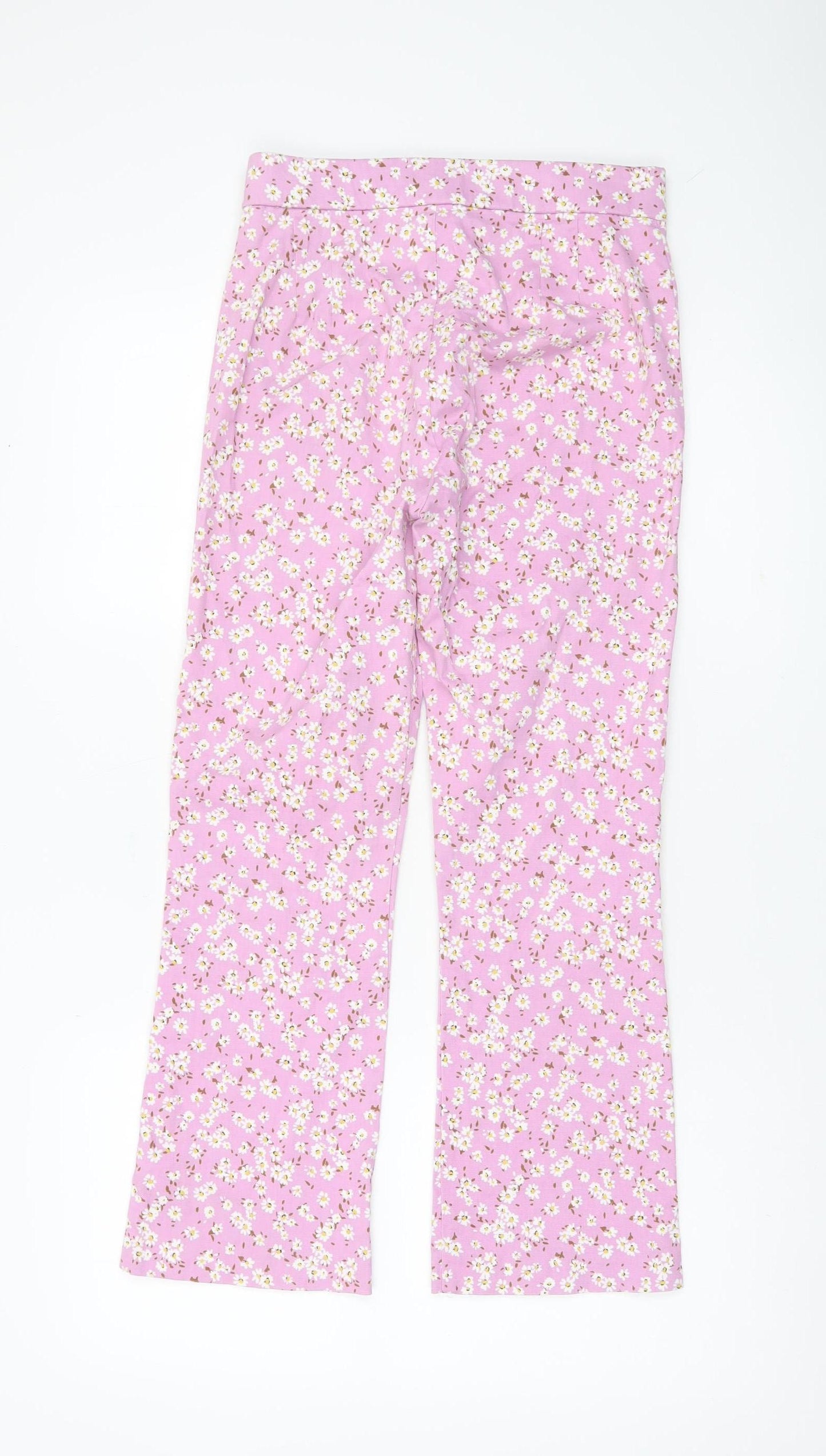 Zara Womens Pink Floral Cotton Slim Trousers Size 8