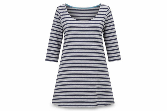 Front view of Johnnie B women’s grey blue striped a-line jersey dress m