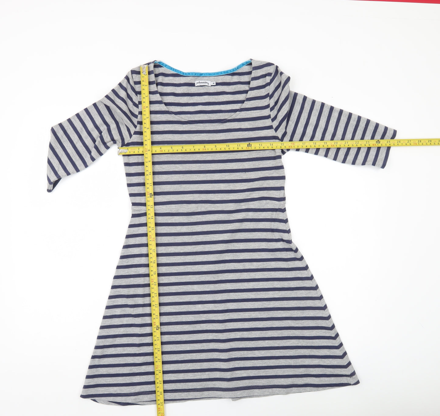Johnnie B Womens Grey Blue Striped A-Line Jersey Dress M