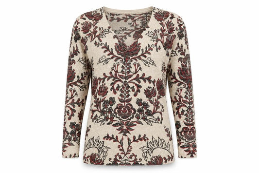 Front view of Next Women’s Beige Floral jumper, size UK 12, Scoop Neck