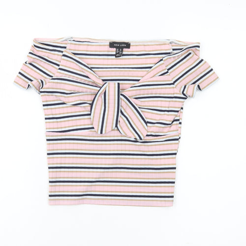 New Look Womens Multicoloured Striped Cropped Bow T-Shirt Size 10