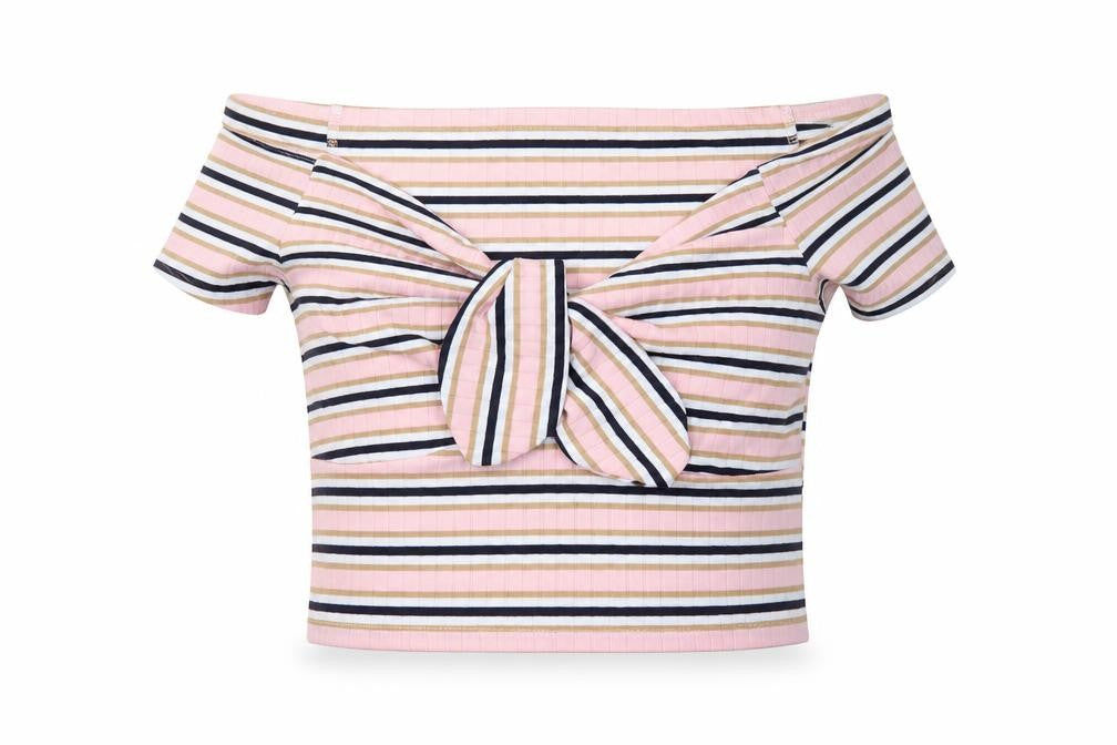 Front view of New Look women’s multicoloured striped cropped bow t-shirt, size UK 10