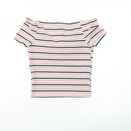 New Look Womens Multicoloured Striped Cropped Bow T-Shirt Size 10