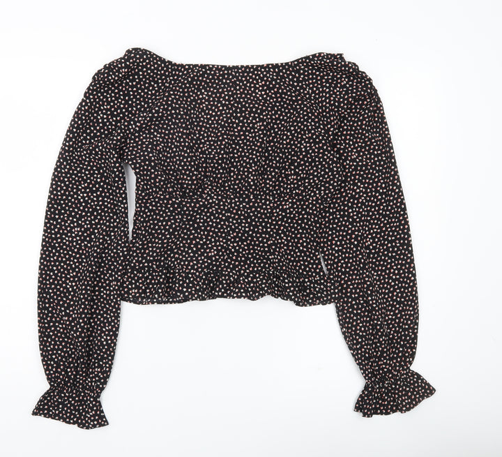 Boohoo Women’s Black Floral Cropped Blouse UK 6 Long Sleeve V-Neck