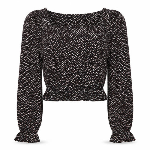 Boohoo Women’s Black Floral Cropped Blouse UK 6 Long Sleeve V-Neck