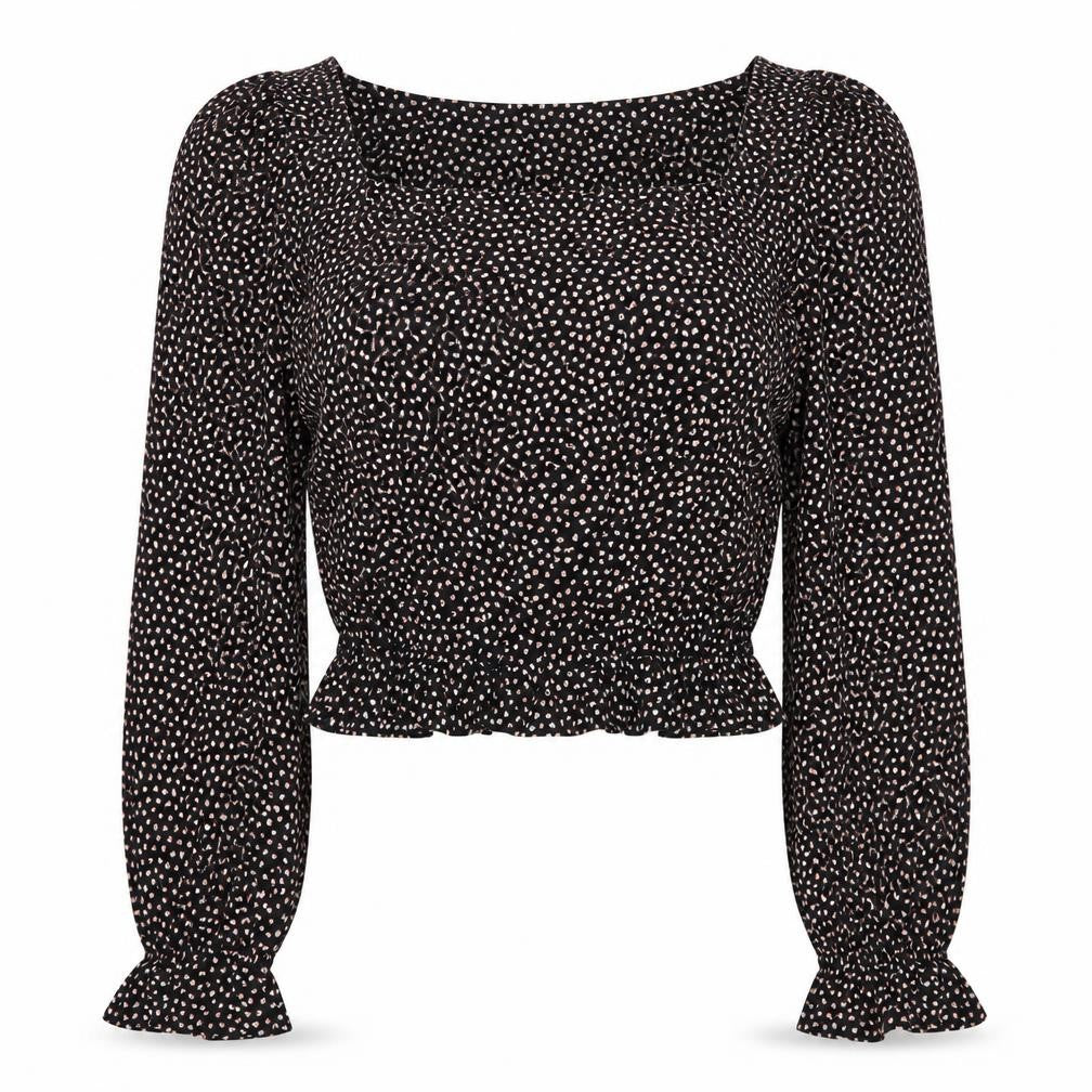Boohoo Women’s Black Floral Cropped Blouse UK 6 Long Sleeve V-Neck