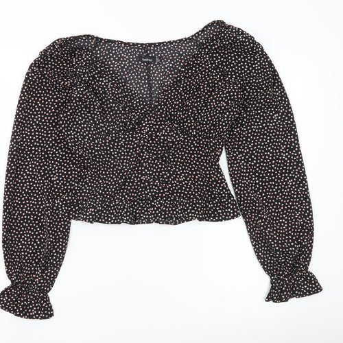 Boohoo Women’s Black Floral Cropped Blouse UK 6 Long Sleeve V-Neck