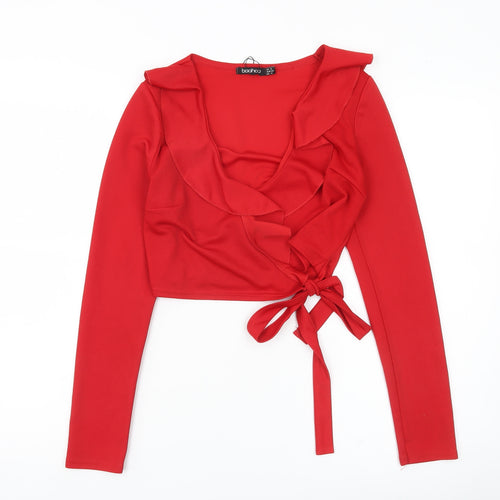 Boohoo Womens Red Long Sleeve Wrap Ruffle Blouse UK 8