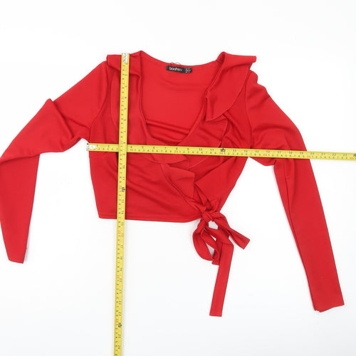 Boohoo Womens Red Long Sleeve Wrap Ruffle Blouse UK 8