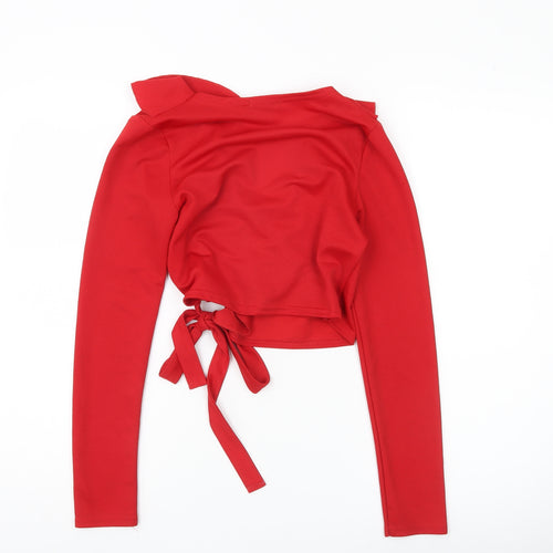Boohoo Womens Red Long Sleeve Wrap Ruffle Blouse UK 8