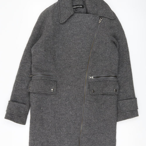 Warehouse Women Grey Wool Blend Overcoat UK 6 Zip Pockets Lined