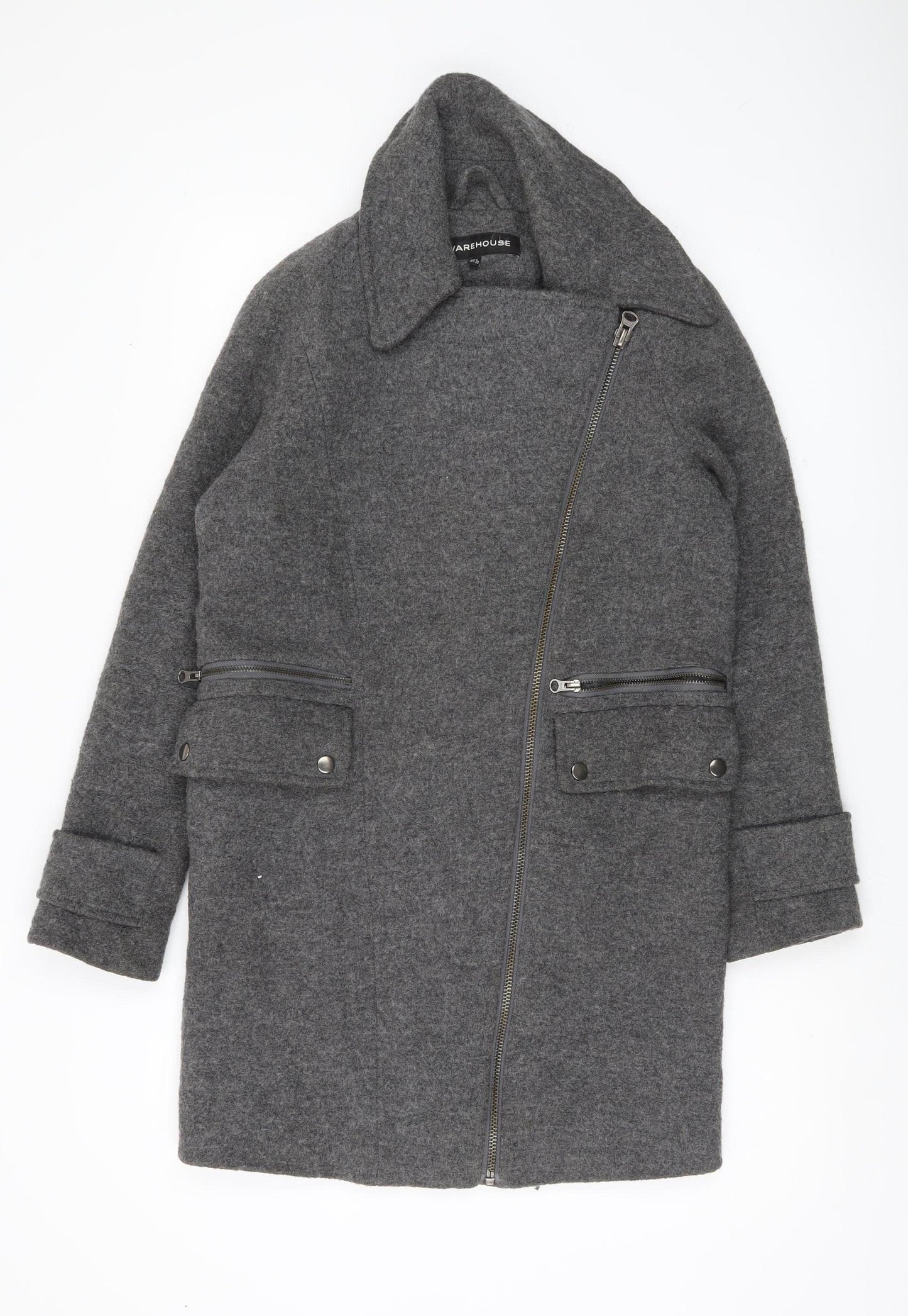 Warehouse Women Grey Wool Blend Overcoat UK 6 Zip Pockets Lined