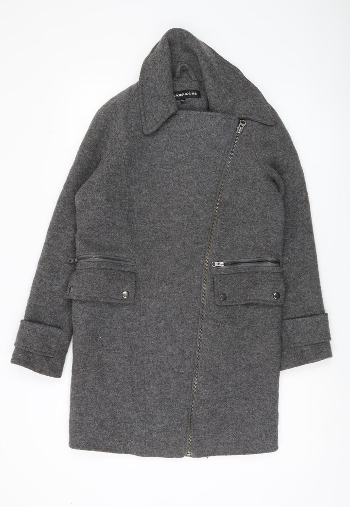 Warehouse Women Grey Wool Blend Overcoat UK 6 Zip Pockets Lined