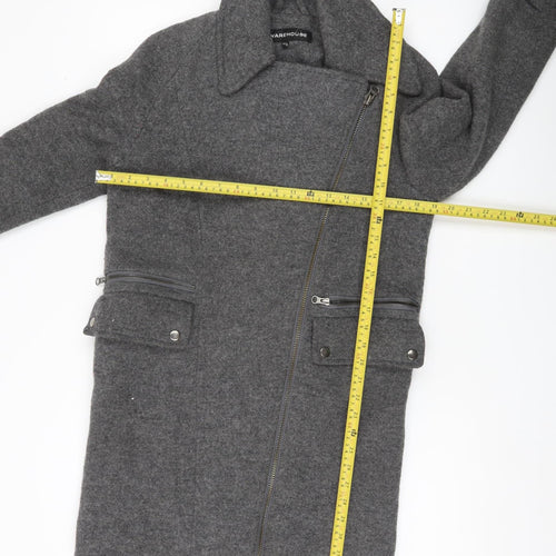 Warehouse Women Grey Wool Blend Overcoat UK 6 Zip Pockets Lined