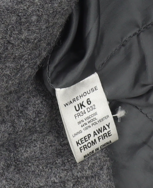 Warehouse Women Grey Wool Blend Overcoat UK 6 Zip Pockets Lined