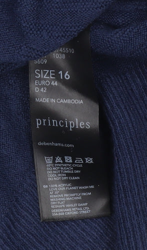 Principles Womens Blue V-Neck Long Sleeve Pullover Jumper Size 16