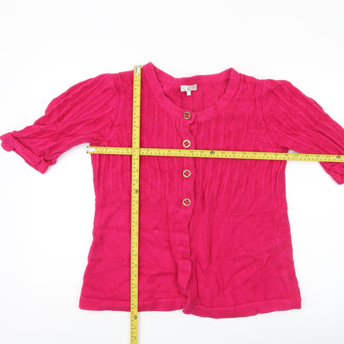 CC Womens Pink Linen Cotton Cardigan L Round Neck 3/4 Sleeve