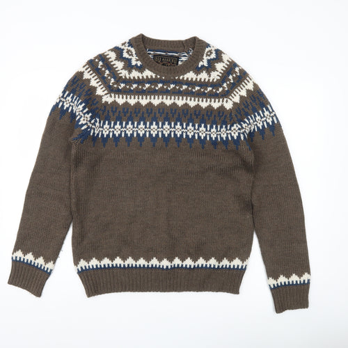 Red Herring Men's Brown Fair Isle Jumper Medium Wool Blend
