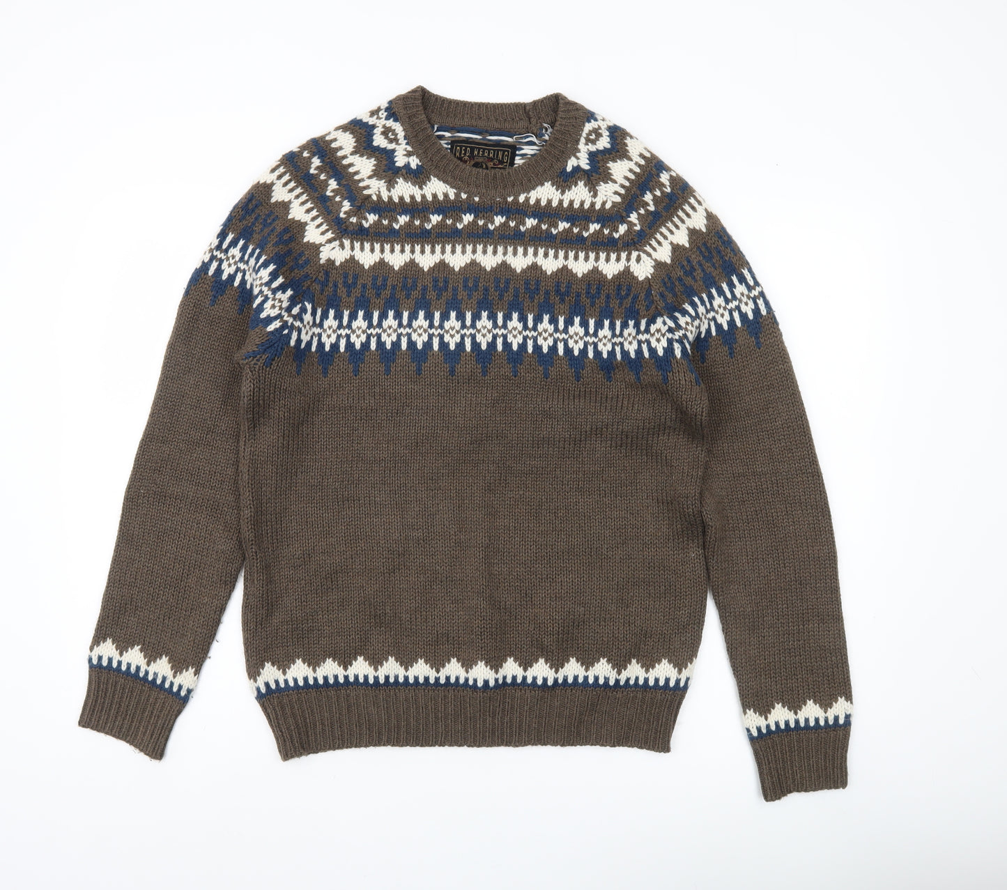 Red Herring Men's Brown Fair Isle Jumper Medium Wool Blend