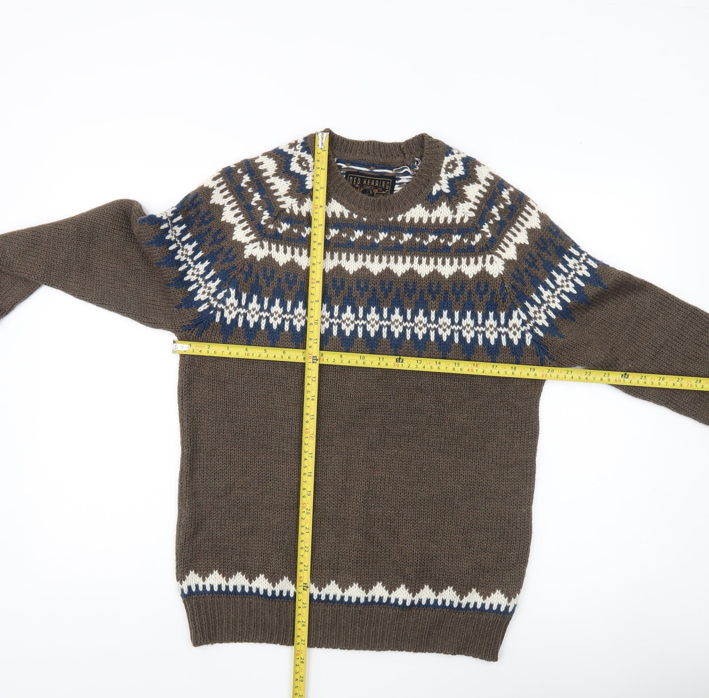 Red Herring Men's Brown Fair Isle Jumper Medium Wool Blend