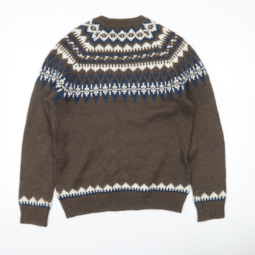 Red Herring Men's Brown Fair Isle Jumper Medium Wool Blend