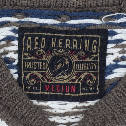Red Herring Men's Brown Fair Isle Jumper Medium Wool Blend