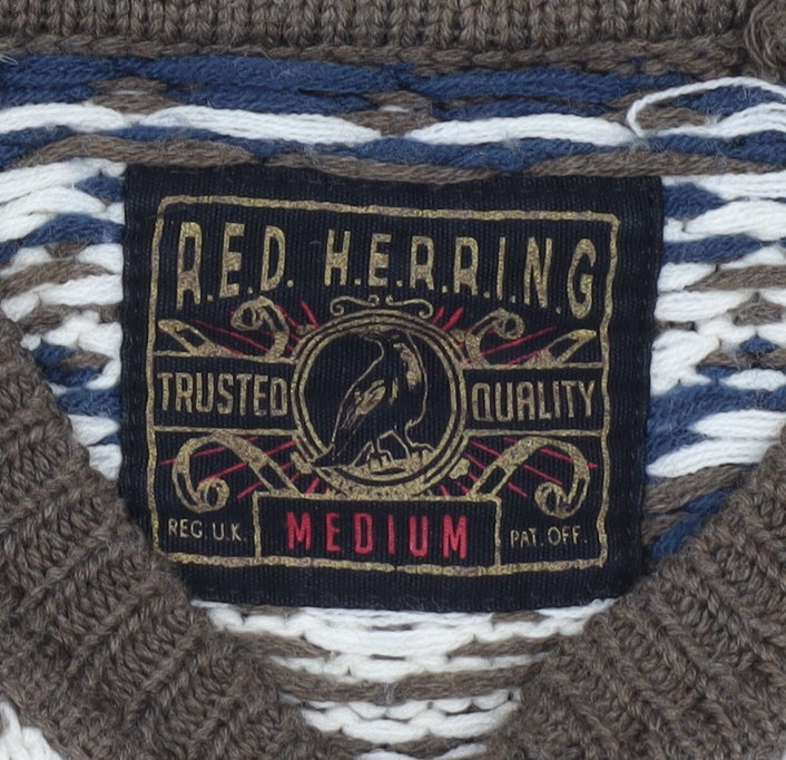 Red Herring Men's Brown Fair Isle Jumper Medium Wool Blend