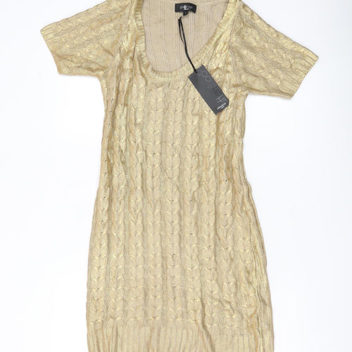 Aftershock London Women’s Gold Short Jumper Dress Size S Scoop Neck