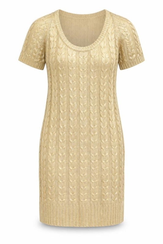 Front view of Aftershock London Women’s Gold Short Jumper Dress, size S, Scoop Neck