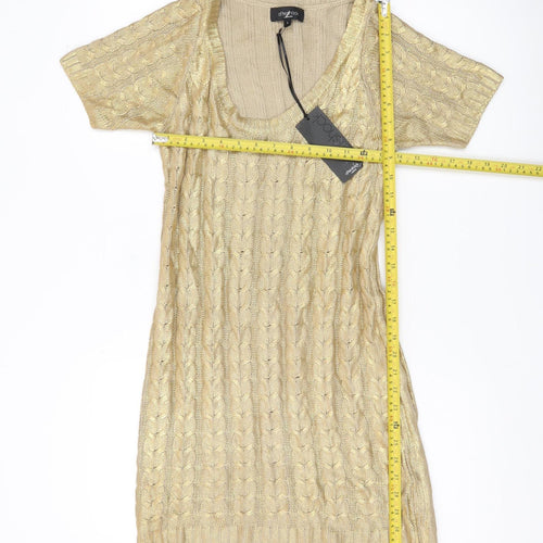 Aftershock London Women’s Gold Short Jumper Dress Size S Scoop Neck