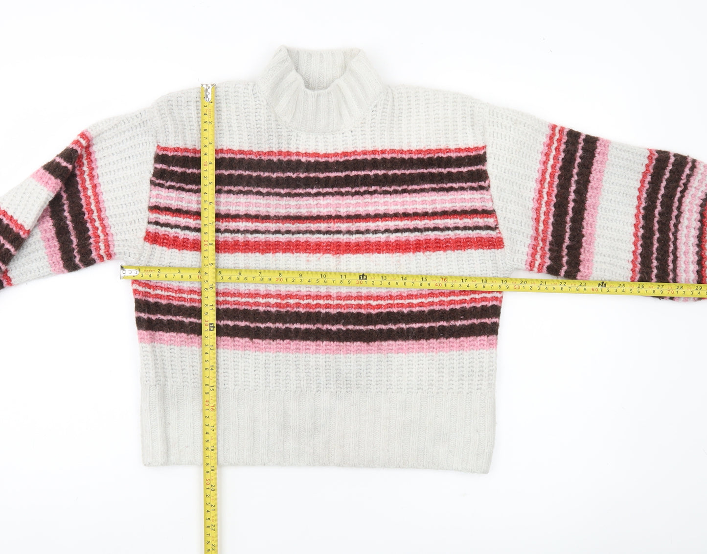 Monki Women’s Multicoloured Striped Mock Neck Chunky Knit Jumper Size S