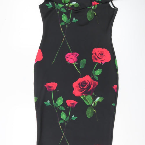 Quiz Women’s Black Floral Bodycon Dress Size 12 Off Shoulder