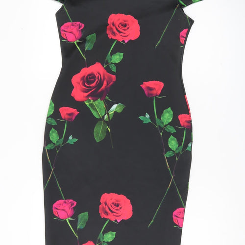 Quiz Women’s Black Floral Bodycon Dress Size 12 Off Shoulder