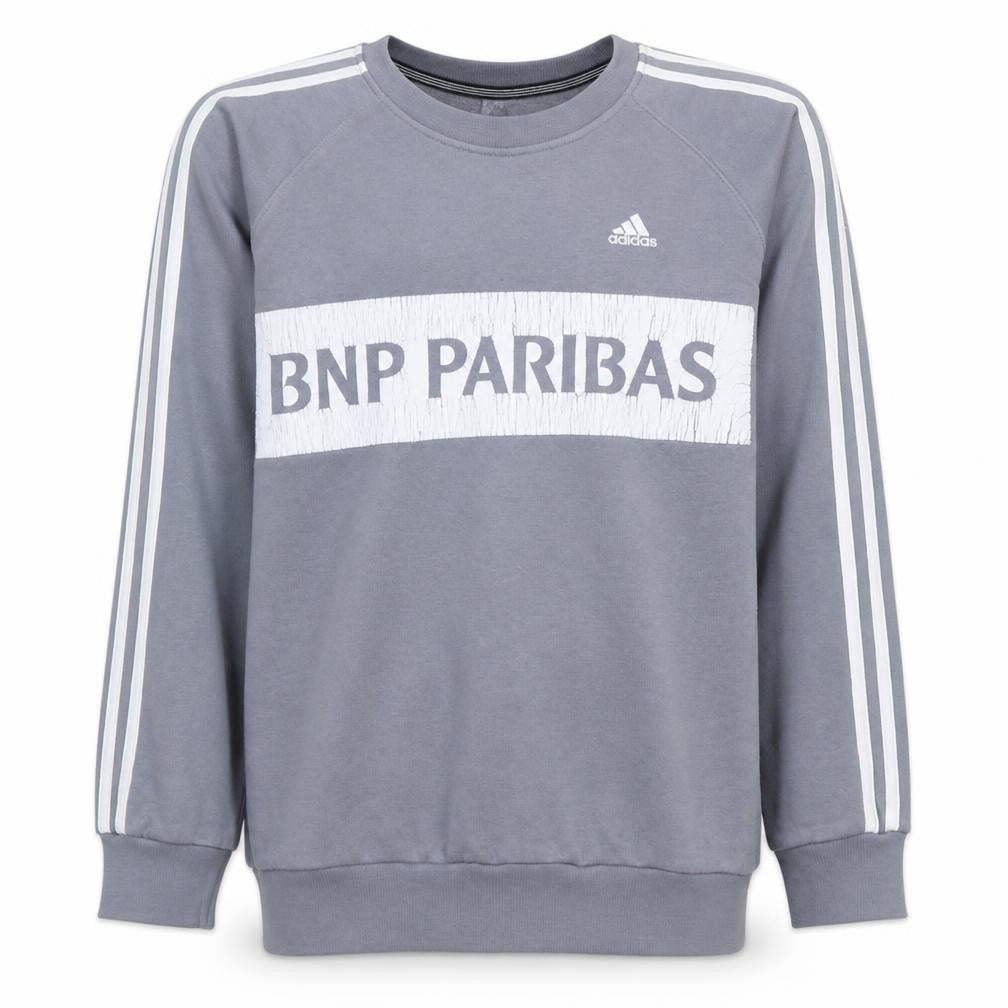 Front view of Adidas boys’ grey sweatshirt 13-14y tennis pullover graphic logo regular fit