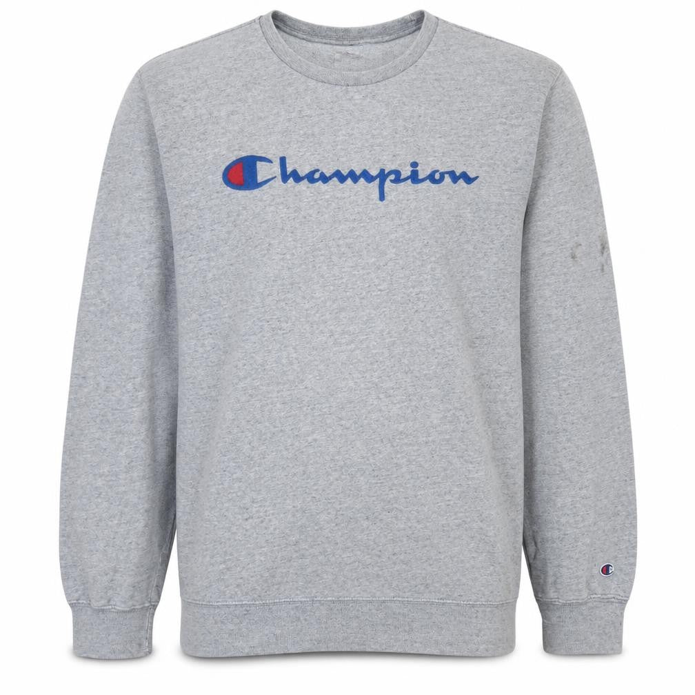 Front view of Champion Men’s Grey Pullover Sweatshirt L Logo Print Cotton