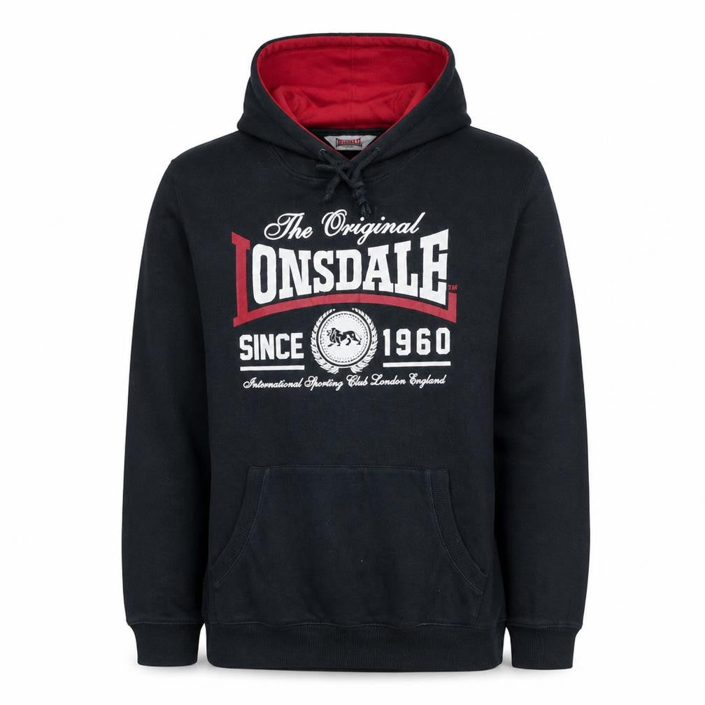 Front view of Lonsdale Men's Black Pullover Hoodie S Graphic Logo Sportswear
