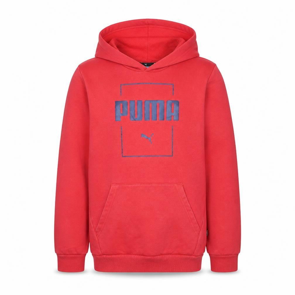 Front view of Puma boys’ red pullover hoodie 13-14 years regular fit fleece logo