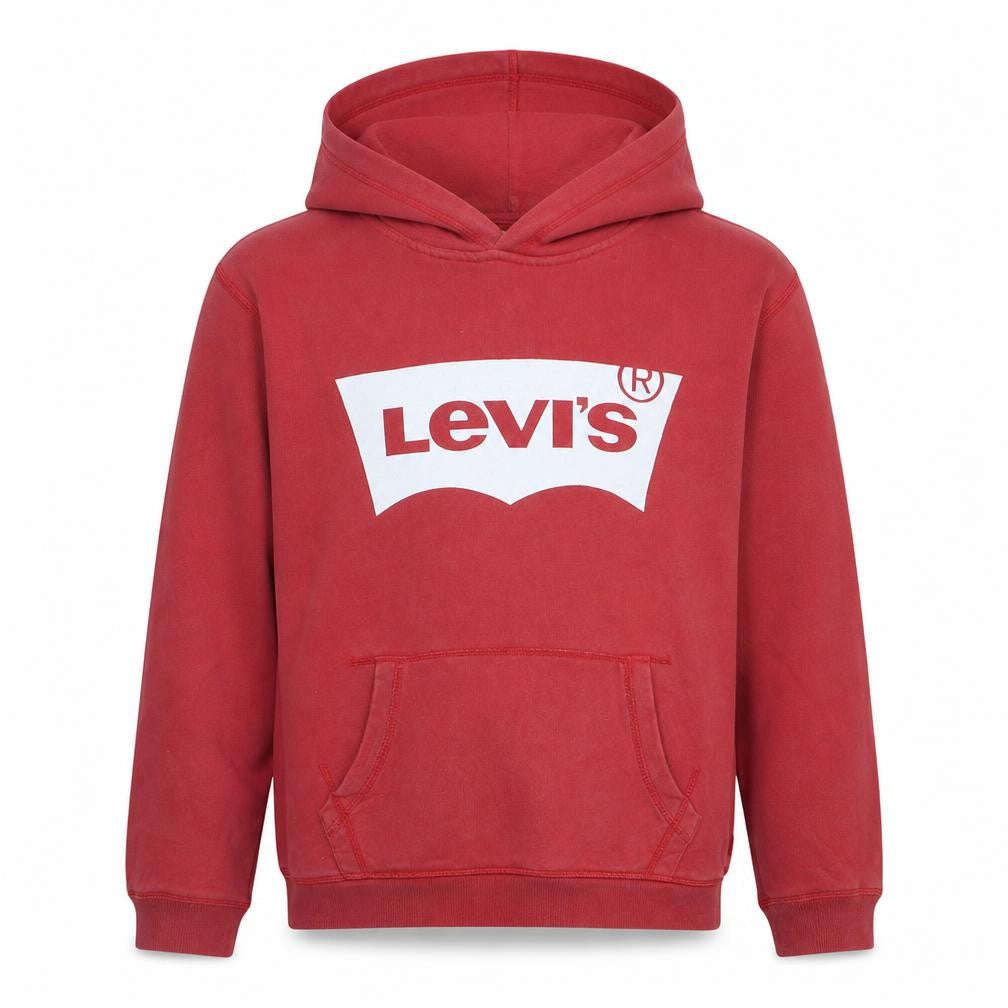 Front view of Levi's boys’ red pullover hoodie 16 years graphic logo casual sweatshirt