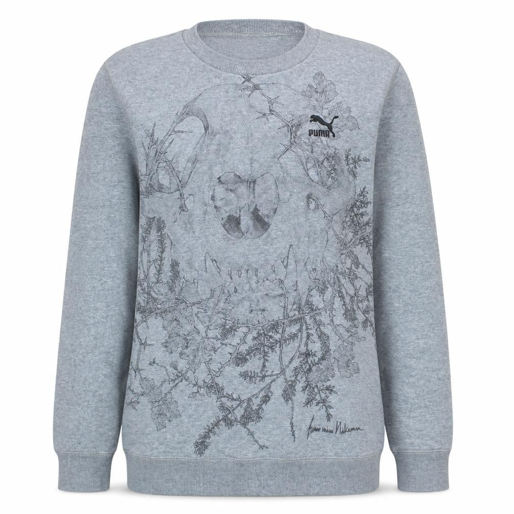 Front view of Puma unisex adults grey crew neck graphic sweatshirt, size M