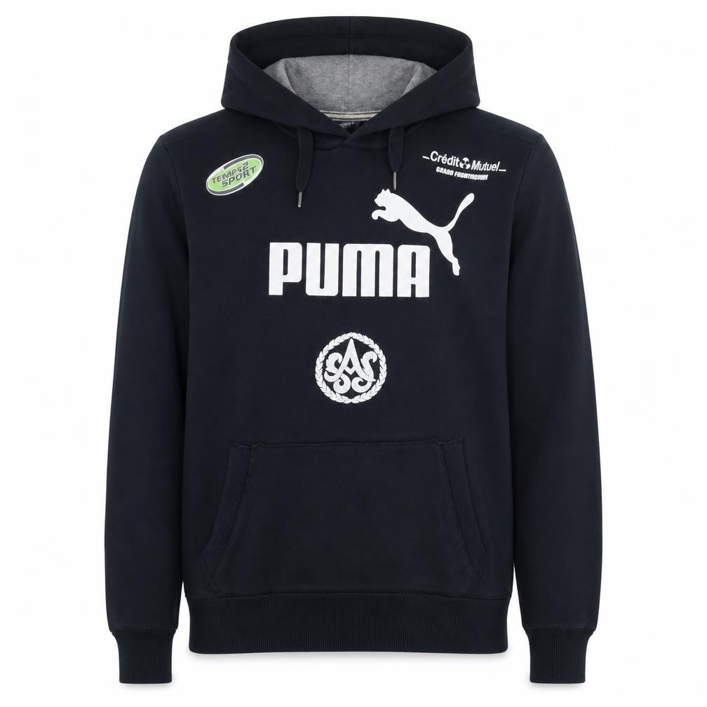 Front view of Puma Men's Black Pullover Hoodie M Logo Graphic Sportswear