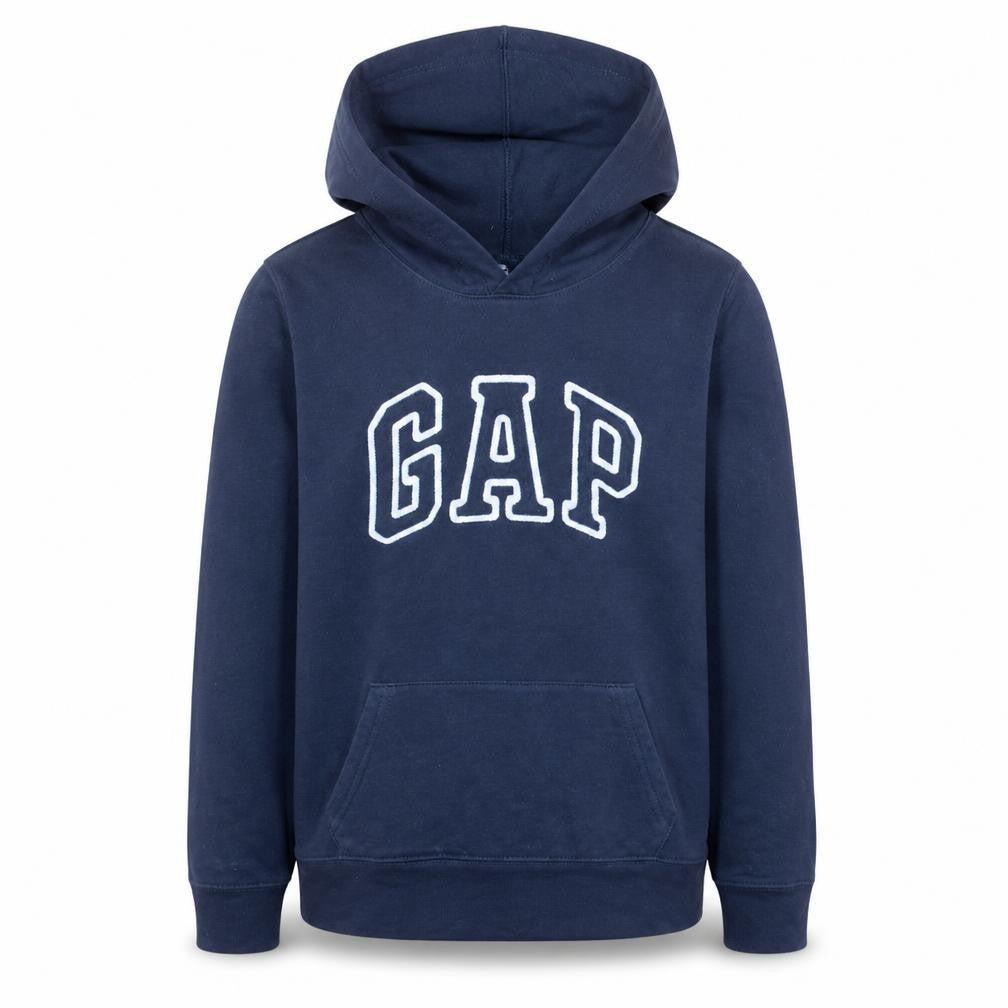 Front view of Gap boys’ blue pullover hoodie m cotton polyester logo sweatshirt