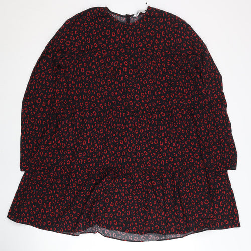 Zara Women Black Red Animal Print Shift Dress XS Long Sleeve