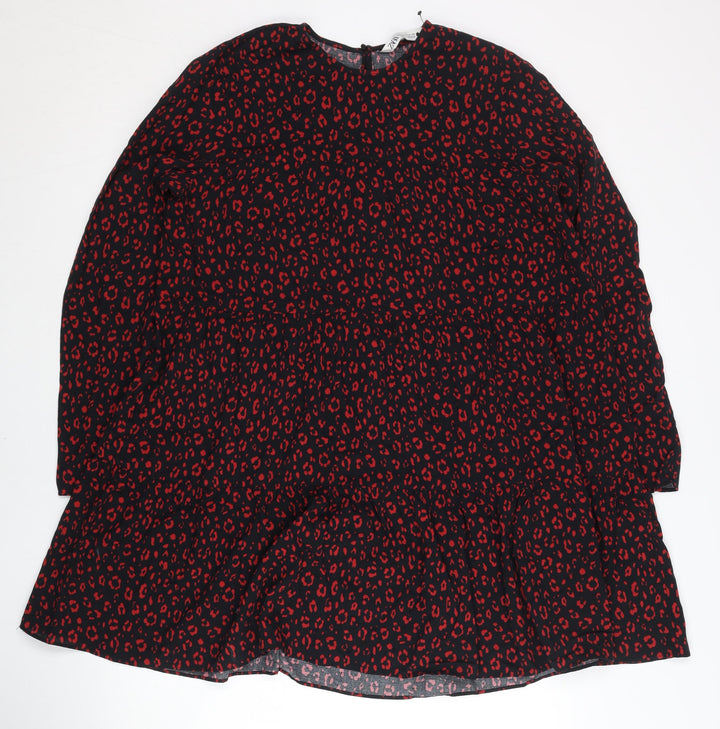 Zara Women Black Red Animal Print Shift Dress XS Long Sleeve