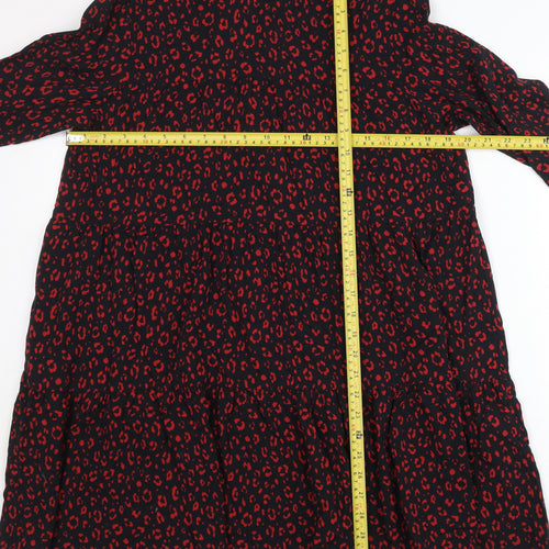 Zara Women Black Red Animal Print Shift Dress XS Long Sleeve