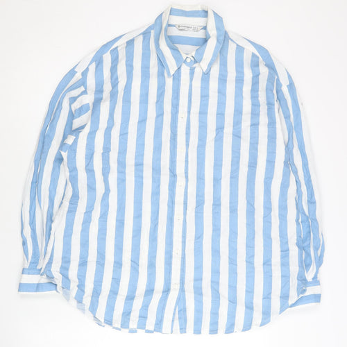 Stradivarius Women Blue White Striped Cotton Button-Up Shirt Size 12
